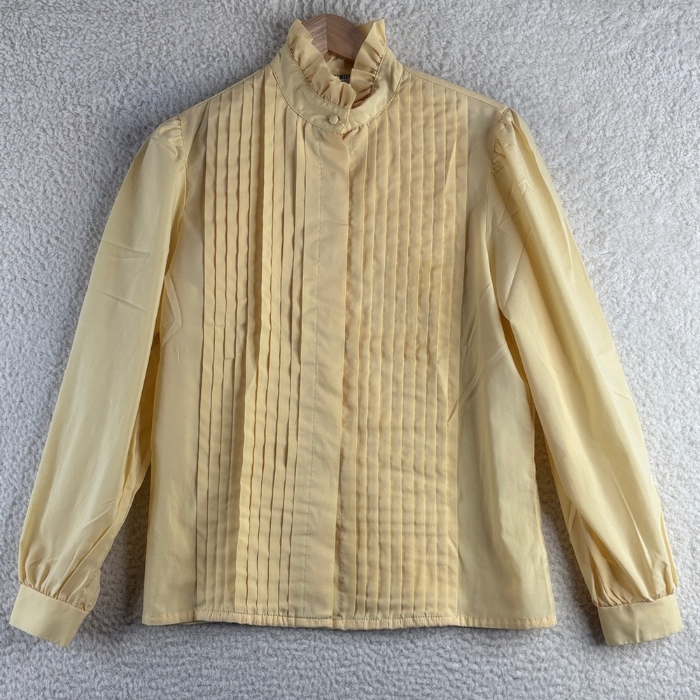 Vintage Judy Bond Womens Yellow Pleated Ruffle Neck Long Sleeve Blouse Size 10